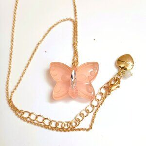 Betsey Johnson Butterfly Necklace 19" Pink Gummy Pendant Gold Tone Jewelry